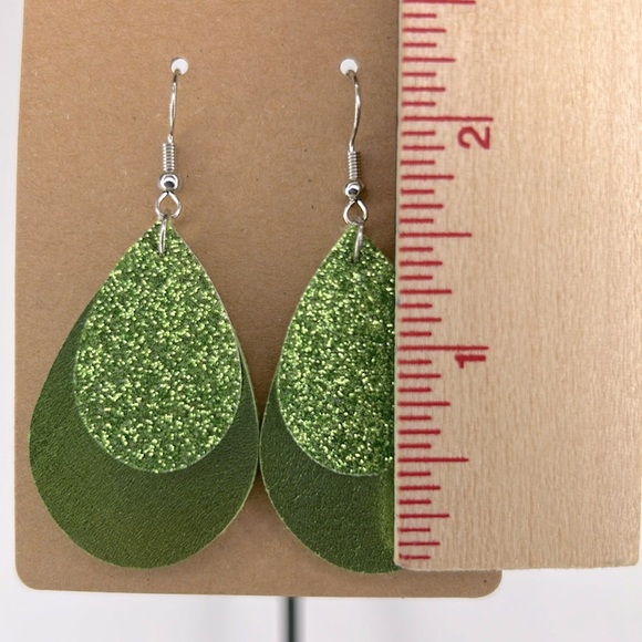 Mini Faux Leather Teardrop Earrings Green Sparkle - Picture 2 of 5